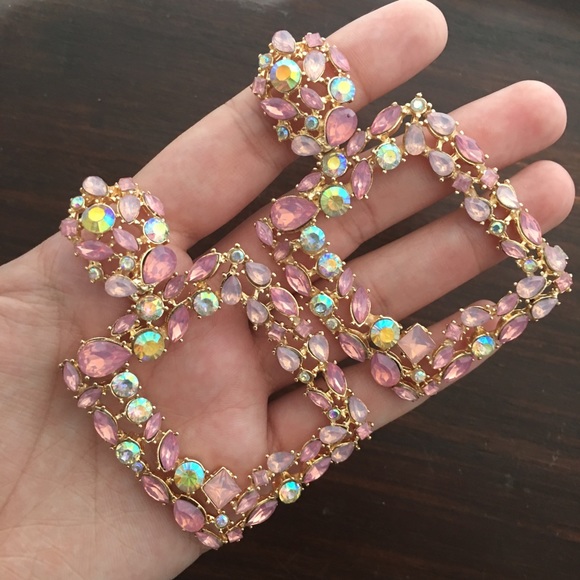 Pink Bejeweled Square Earrings - Picture 3 of 5